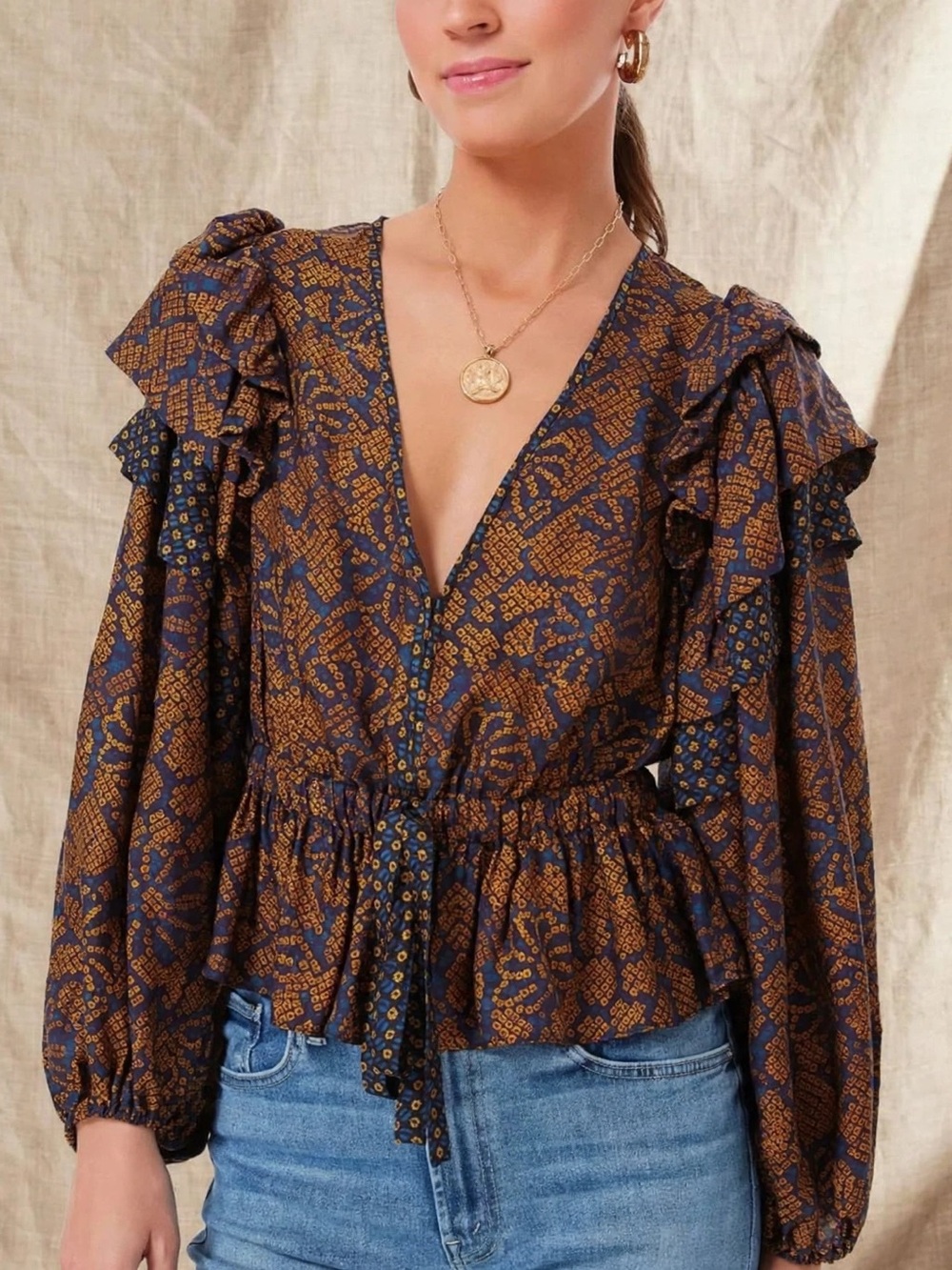 Ulla Johnson Indra Blouse Woven Puff-Sleeve Peplum Top in Navy Sz 10 - Picture 4 of 10